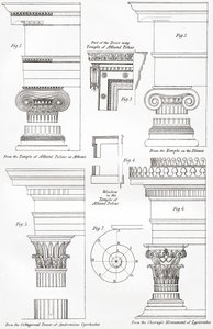 Examples of Ionic and Corinthian orders in Greek architecture, from The National Encyclopaedia, published c.1890